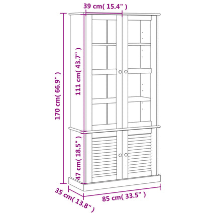 glasskab VIGO 85x35x170 cm massivt fyrretræ hvid