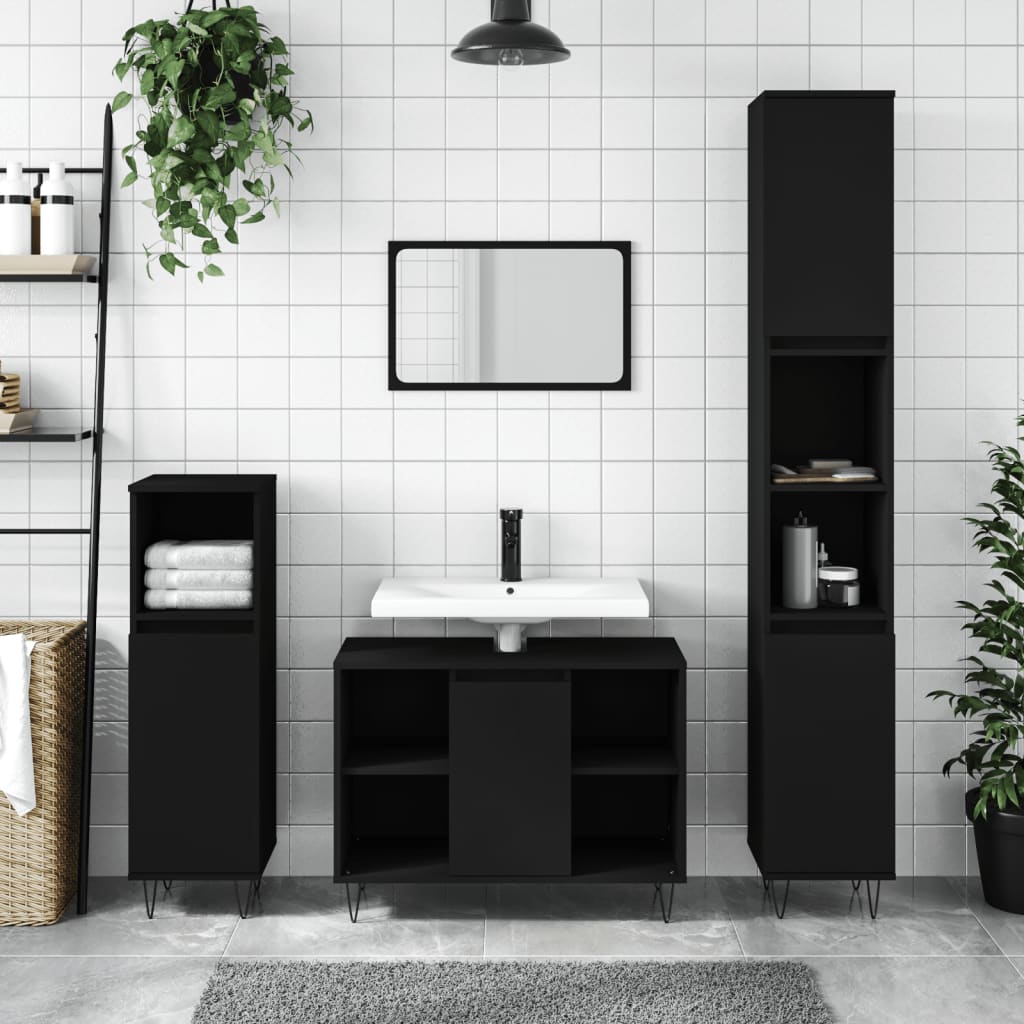 badeværelsesskab 30x30x100 cm konstrueret træ sort billede