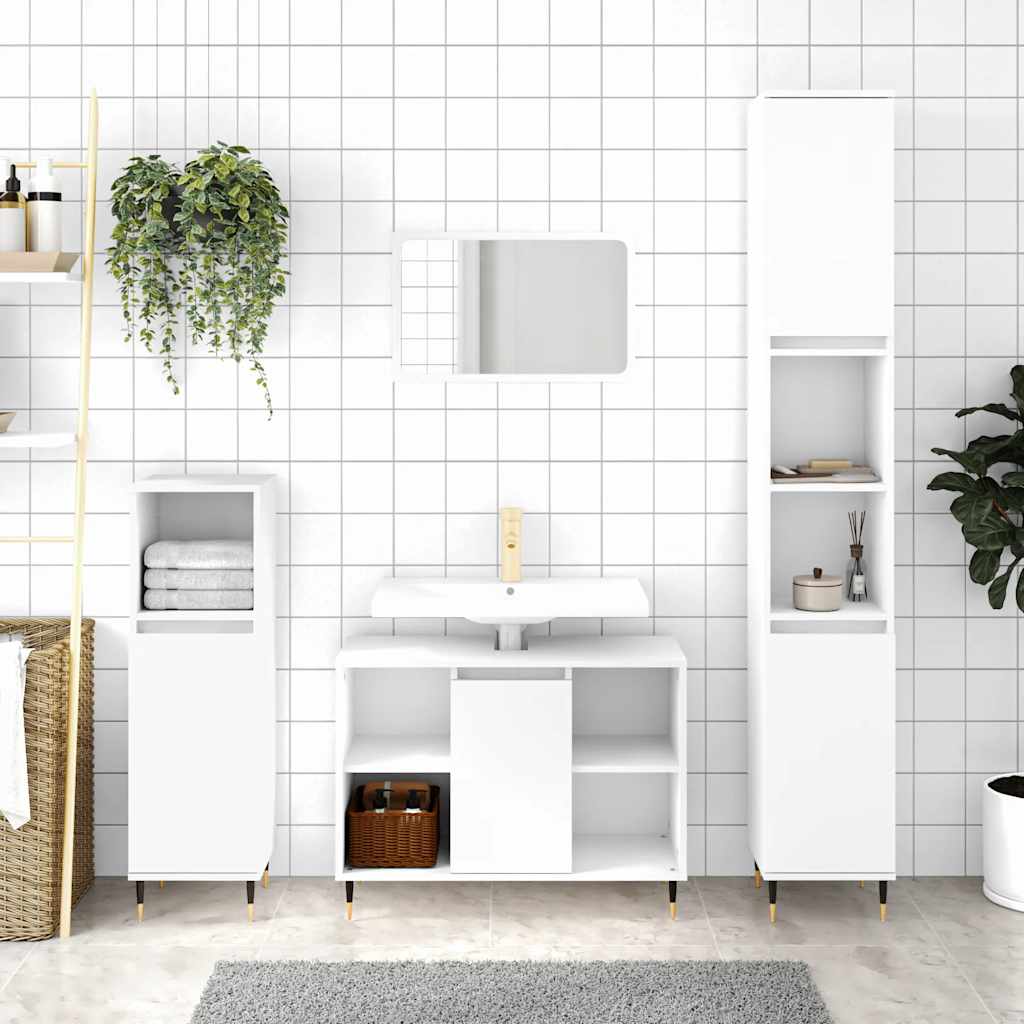 Badeværelsesskab 80×33×60 cm i hvidt konstrueret træ med jernben