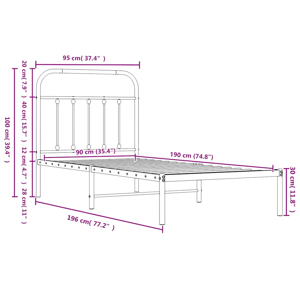 sengeramme med sengegavl 90x190 cm metal hvid