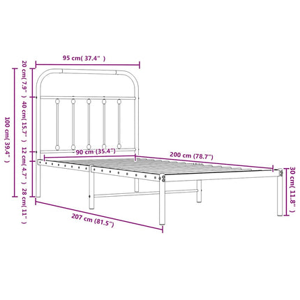 sengeramme med sengegavl og fodgærde 90x200 cm metal hvid