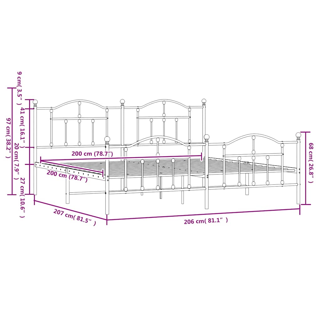 sengeramme med sengegavl og fodgærde 200x200 cm metal sort