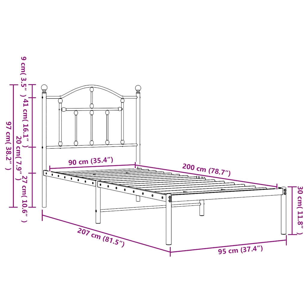 sengeramme med sengegavl 90x200 cm metal hvid