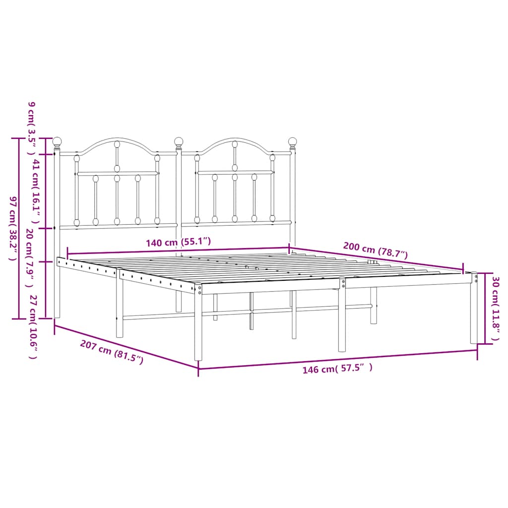 sengeramme med sengegavl 140x200 cm metal hvid