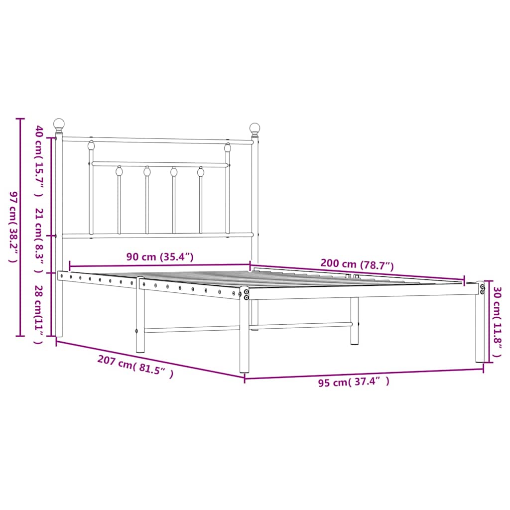 sengeramme med sengegavl 90x200 cm metal hvid