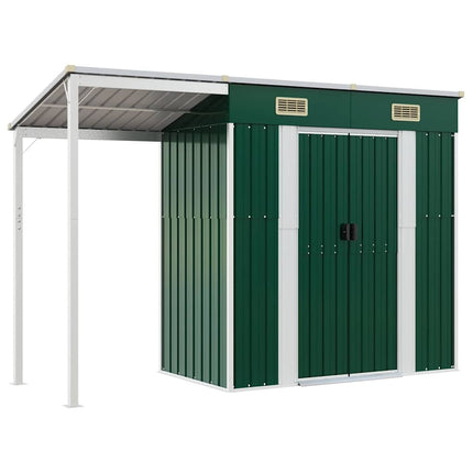 haveskur med udvidet tag 277x107x181 cm stål grøn