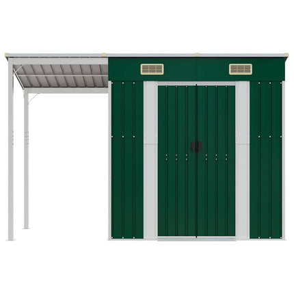 haveskur med udvidet tag 277x107x181 cm stål grøn
