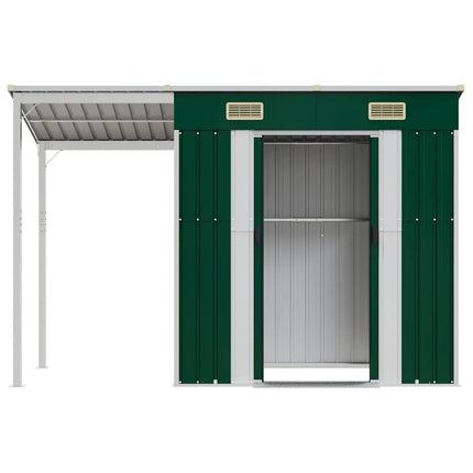 haveskur med udvidet tag 277x107x181 cm stål grøn