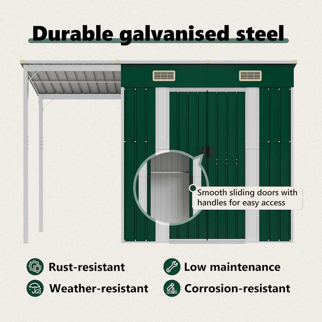 haveskur med udvidet tag 277x107x181 cm stål grøn