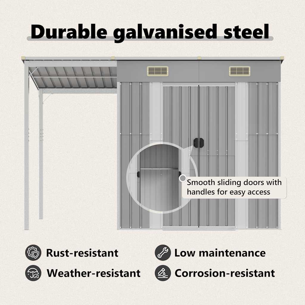 haveskur med forlænget tag lysegrå 277x107x181 cm stål
