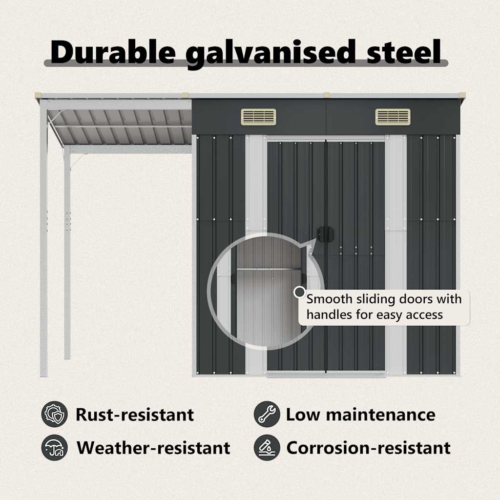 haveskur med udvidet tag 277x107x181 cm stål antracitgrå