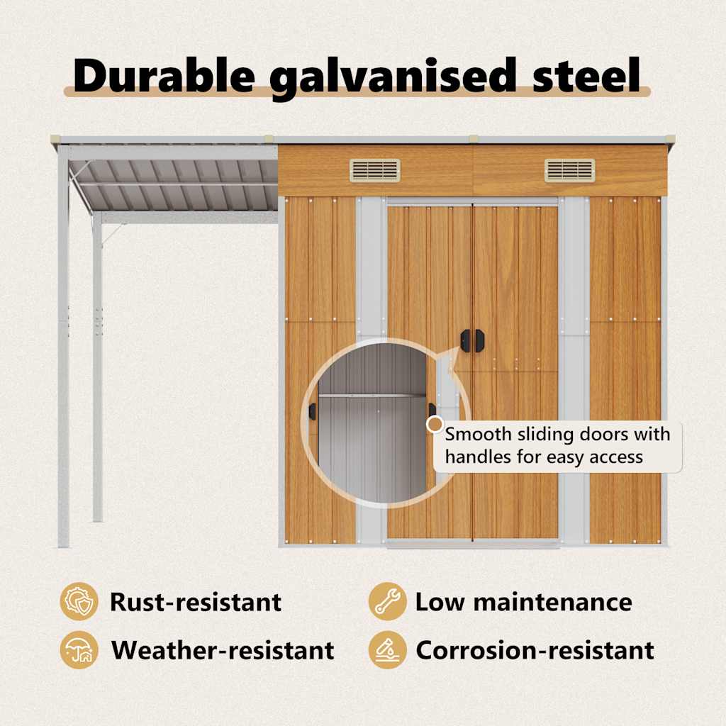 haveskur med udvidet tag 277x107x181 cm stål lysebrun