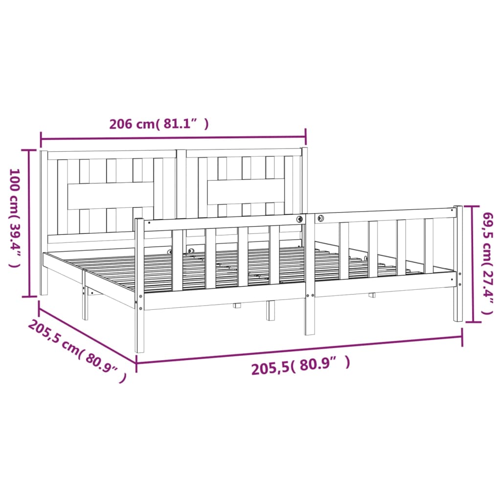 sengeramme med sengegavl 200x200 cm massivt fyrretræ sort