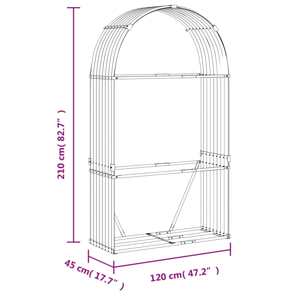 brændestativ 120x45x210 cm galvaniseret stål sølvfarvet