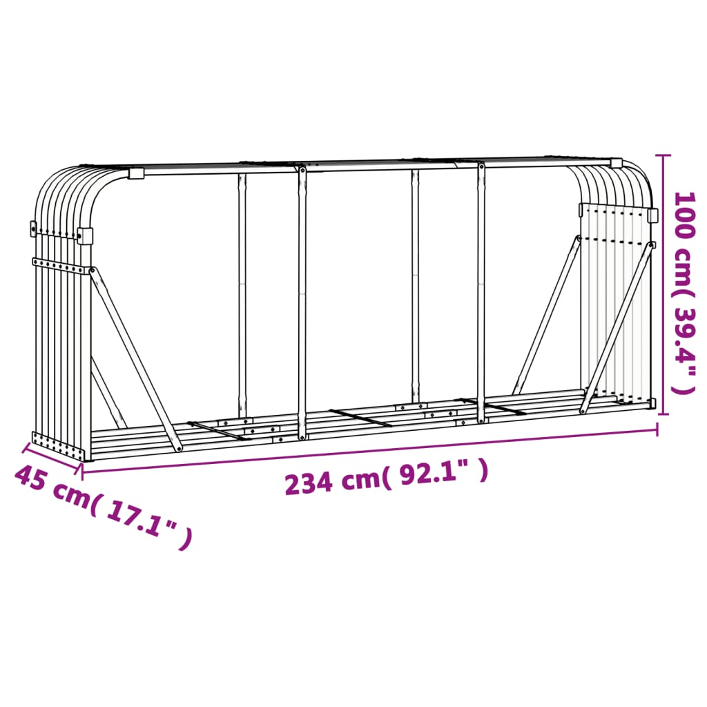 brændestativ 234x45x100 cm galvaniseret stål sølvfarvet