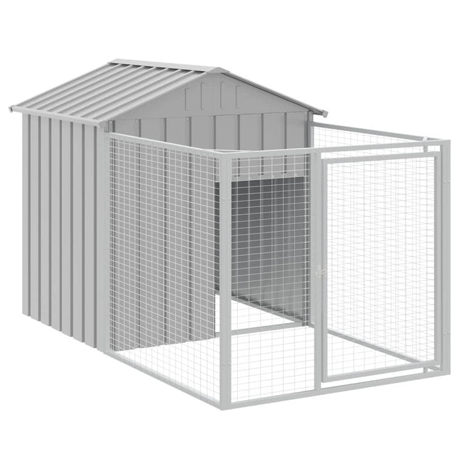 hundehus med løbegård 117x201x123 cm galvaniseret stål lysegrå