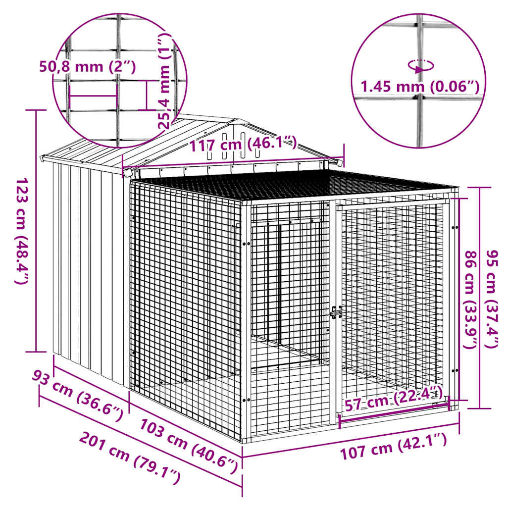 hønsebur med løbegård lysegrå 117x201x123 cm galvaniseret stål