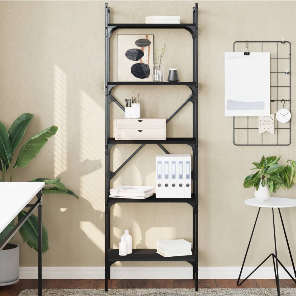Bogreol med 5 hylder - 56×31,5×174 cm - sort konstrueret træ og metal