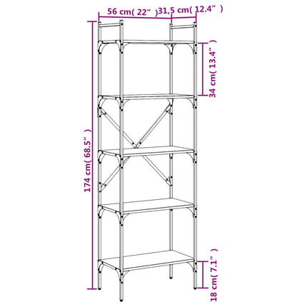 bogreol med 5 hylder 56x31,5x174 cm konstrueret træ sonoma-eg