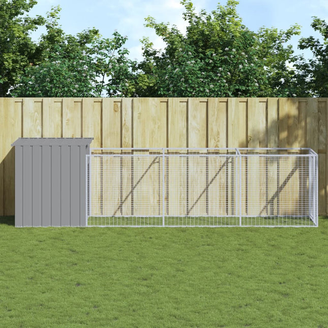 hundehus med løbegård 110x405x110 cm galvaniseret stål lysegrå