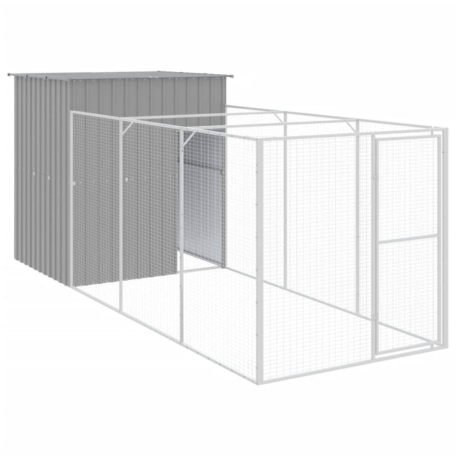 hundehus med løbegård 165x455x181 cm galvaniseret stål lysegrå
