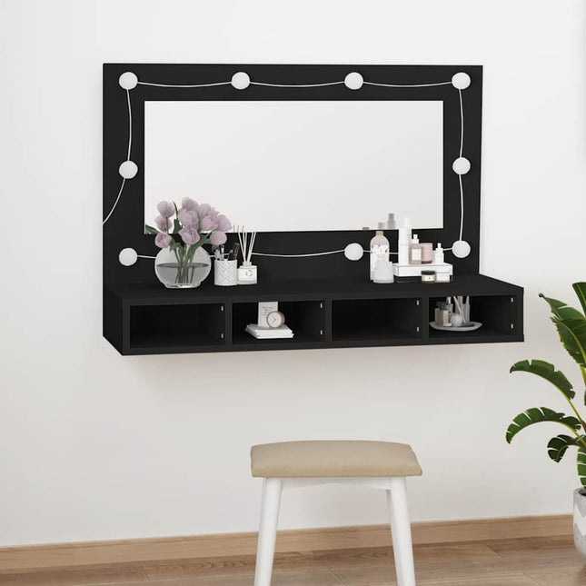 spejlskab med LED-lys 90x31,5x62 cm sort