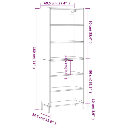 reol 69,5x32,5x180 cm konstrueret træ sort