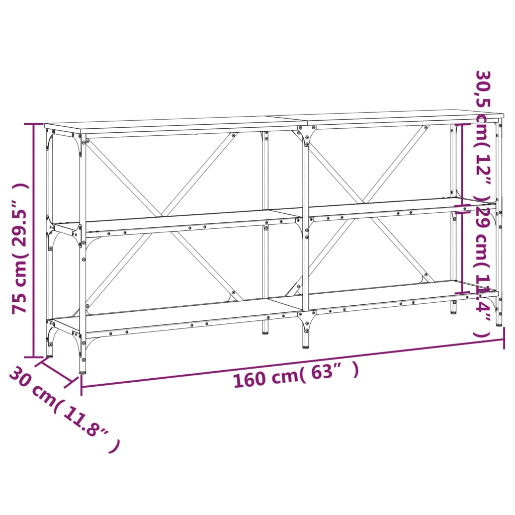 konsolbord 160x30x75 cm konstrueret træ og jern brunt egetræ
