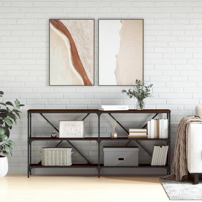 konsolbord 160x30x75 cm konstrueret træ og jern brunt egetræ