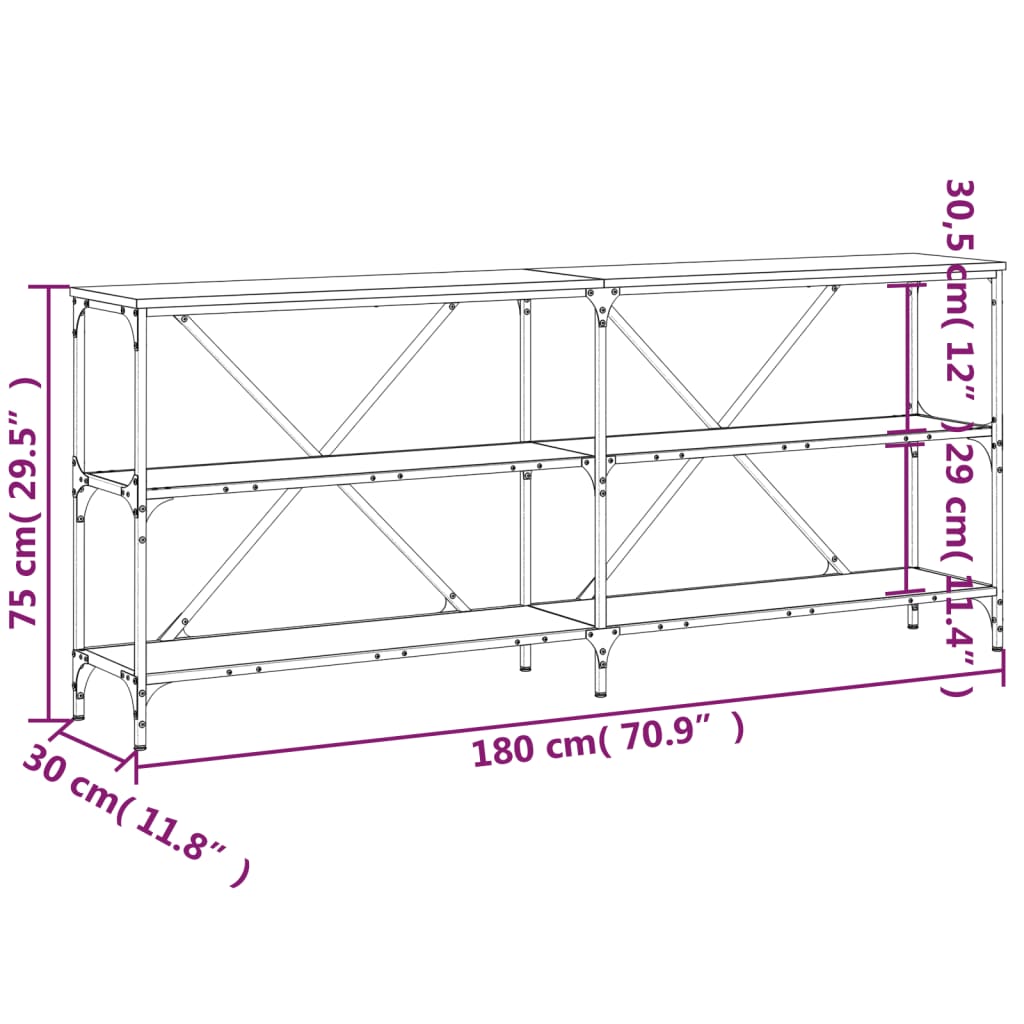 konsolbord 180x30x75 cm konstrueret træ og jern brunt egetræ