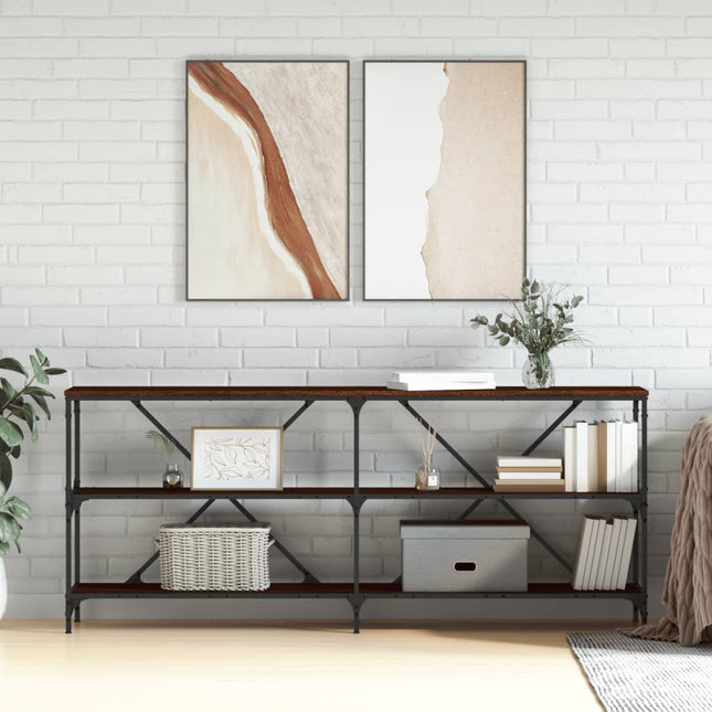 konsolbord 180x30x75 cm konstrueret træ og jern brunt egetræ