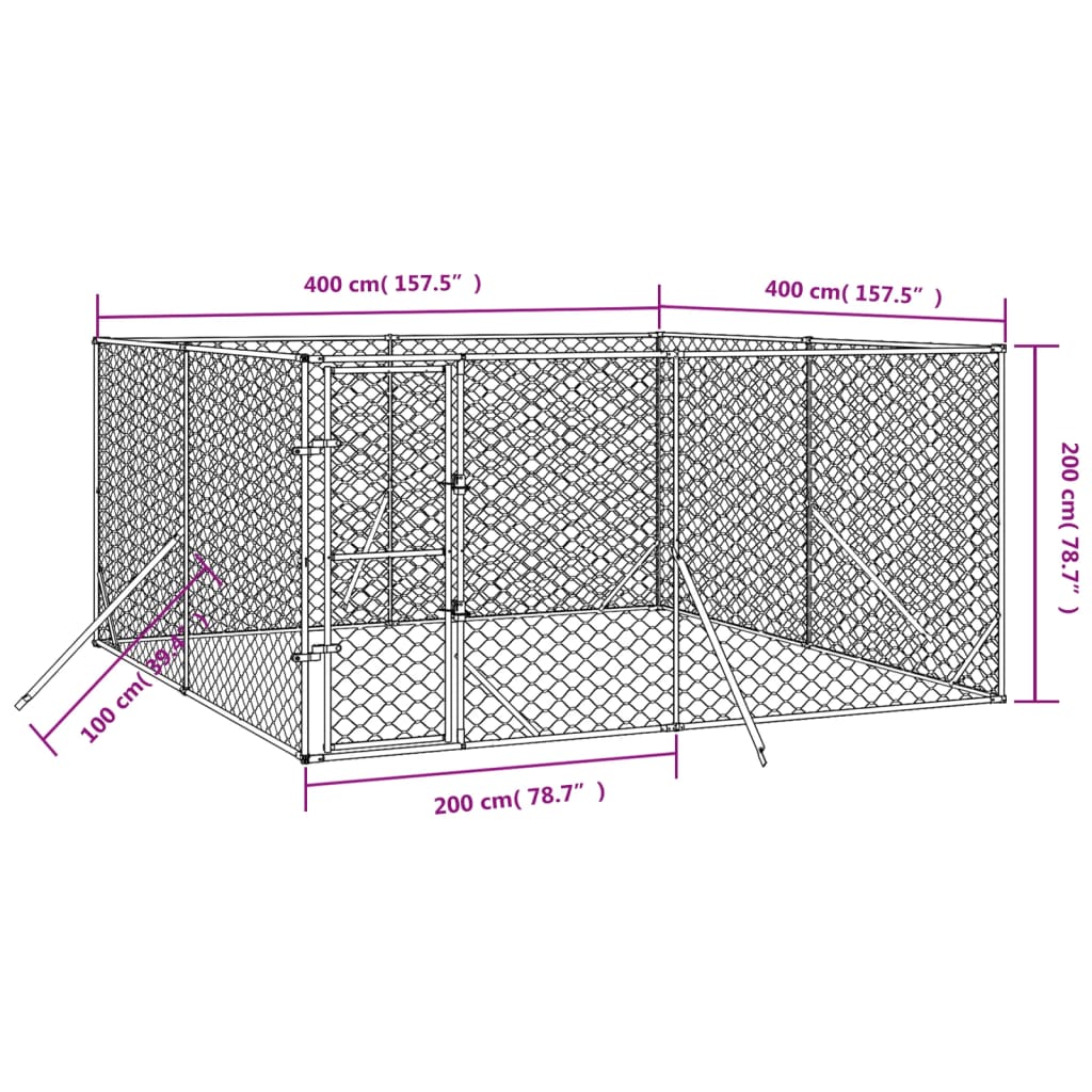 udendørs hundegård 4x4x2 m galvaniseret stål sølvfarvet