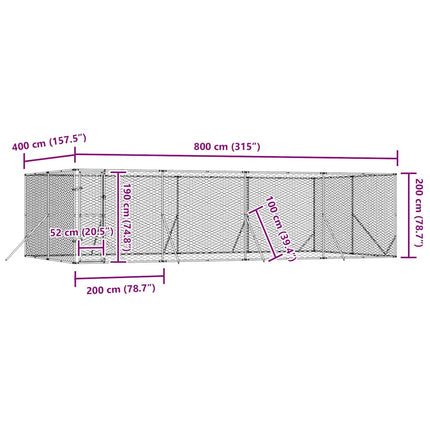 udendørs hundegård 8x4x2 m galvaniseret stål sølvfarvet