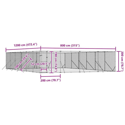 udendørs hundegård 8x12x2 m galvaniseret stål sølvfarvet