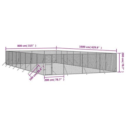 udendørs hundegård 8x16x2 m galvaniseret stål sølvfarvet