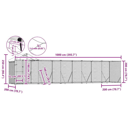 udendørs hundegård med tag 10x2x2,5 m galvaniseret stål sølv
