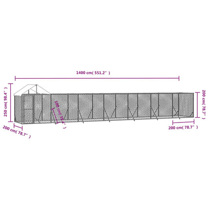 udendørs hundegård med tag 14x2x2,5 m galvaniseret stål sølv