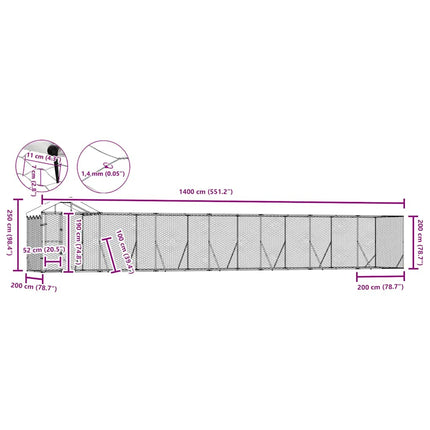 udendørs hundegård med tag 14x2x2,5 m galvaniseret stål sølv