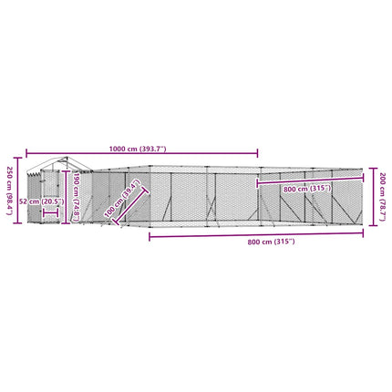 udendørs hundegård med tag 10x8x2,5 m galvaniseret stål sølv