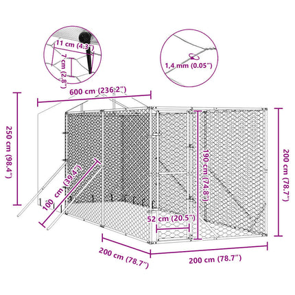 udendørs hundegård med tag 2x6x2,5 m galvaniseret stål sølv