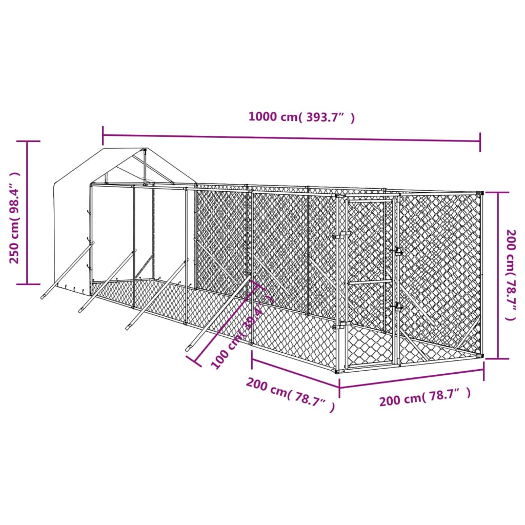 udendørs hundegård med tag 2x10x2,5 m galvaniseret stål sølv