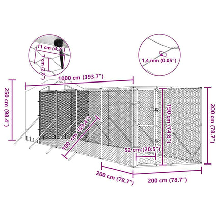 udendørs hundegård med tag 2x10x2,5 m galvaniseret stål sølv