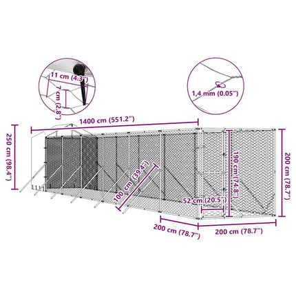 udendørs hundegård med tag 2x14x2,5 m galvaniseret stål sølv