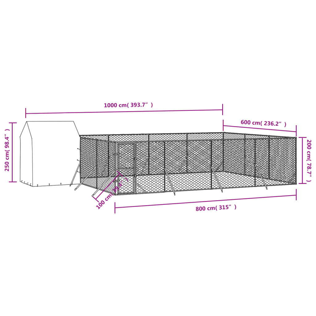 udendørs hundegård med tag 10x6x2,5 m galvaniseret stål sølv