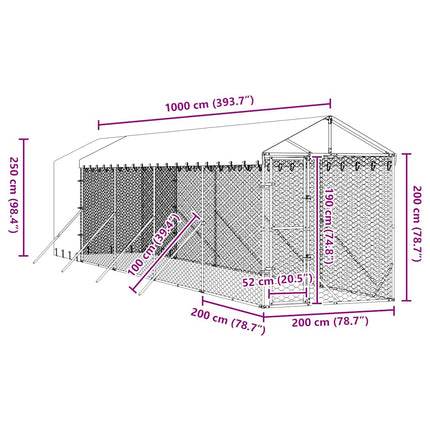 udendørs hundegård med tag 2x10x2,5 m galvaniseret stål sølv
