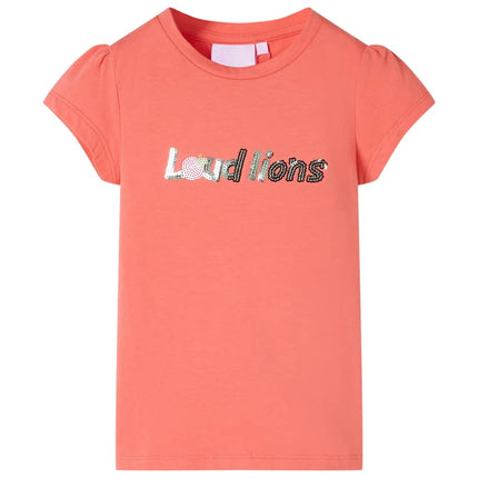 T-shirt til børn str. 116 med flæser koralfarvet
