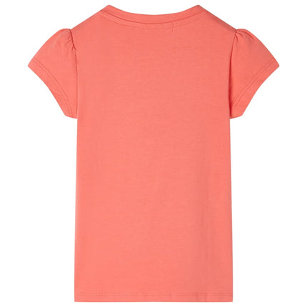 T-shirt til børn str. 116 med flæser koralfarvet