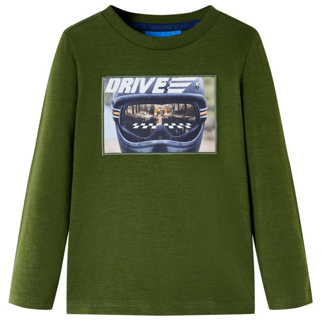 Langærmet T-shirt til børn str. 116 mørk kakifarvet