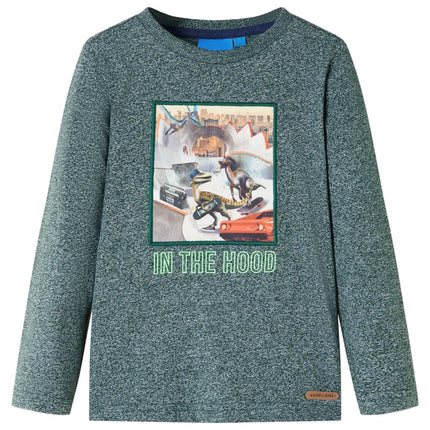 Langærmet T-shirt til børn str. 116 grønmeleret
