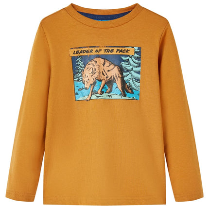 Langærmet T-shirt til børn str. 116 okkergul